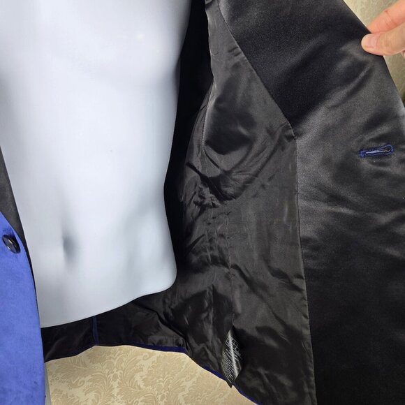 Guess Size Medium Blue Velvet Blazer 1 Button Front Black Satin Lapels 3 Pocket - Picture 11 of 15